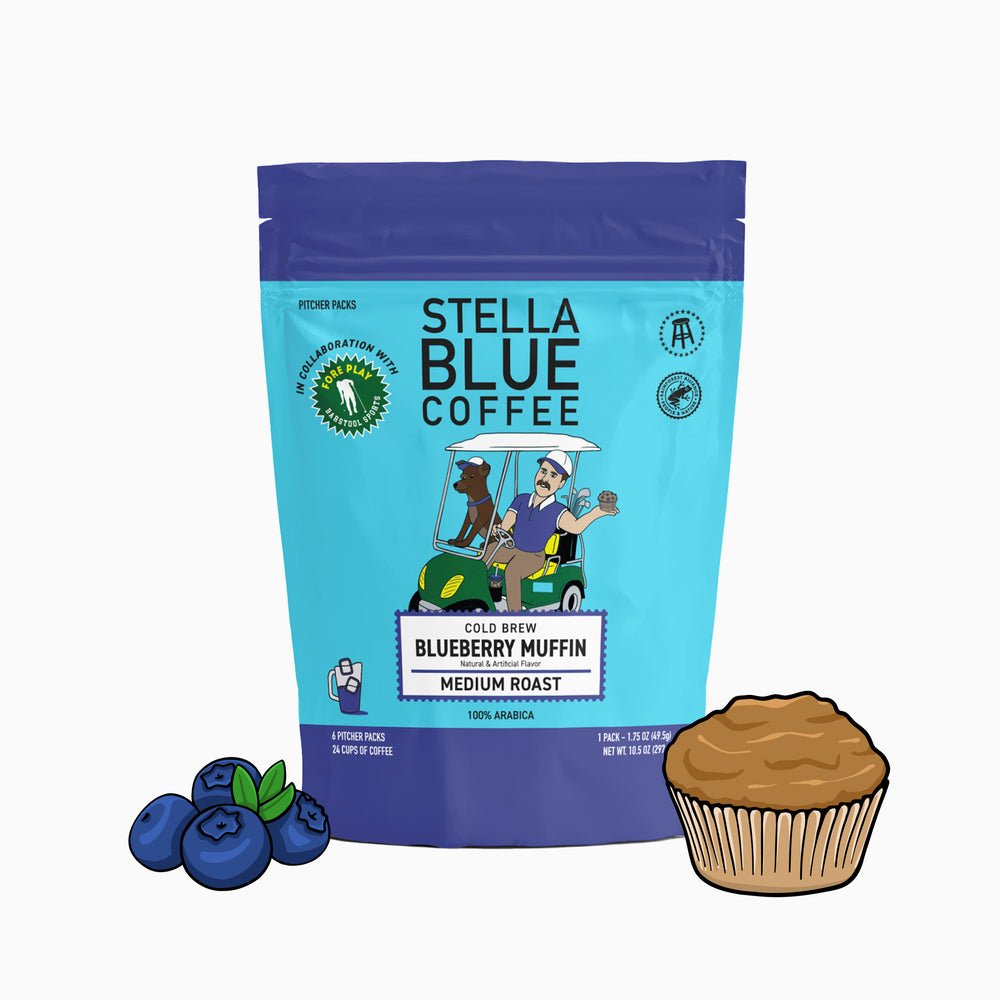 Stella Blue Coffee cold brew blueberry muffin medium roast coffee bag with blueberries and a muffin.