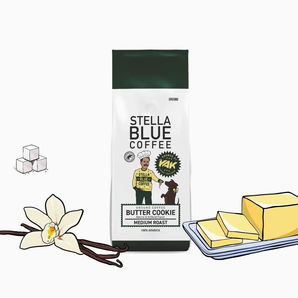 Stella Blue Coffee "Butter Cookie" ground coffee bag with vanilla bean, sugar cubes, and butter.