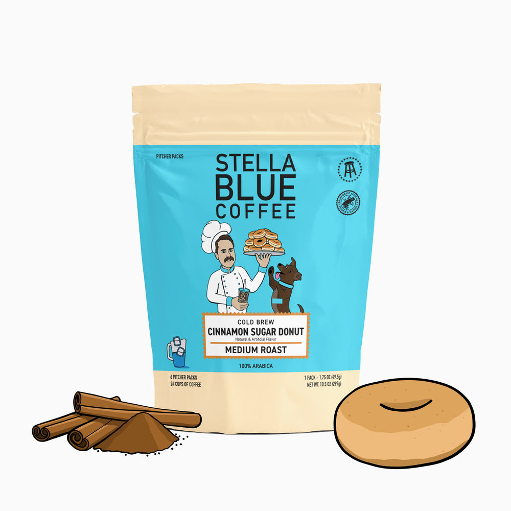 Stella Blue Coffee cold brew bag with cinnamon sugar donut flavor, cinnamon sticks, powder, and a donut.