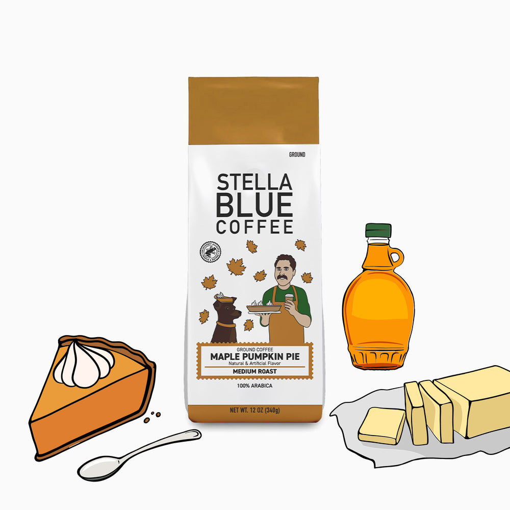 Stella Blue Coffee Maple Pumpkin Pie ground coffee bag with pumpkin pie slice, maple syrup, and butter.
