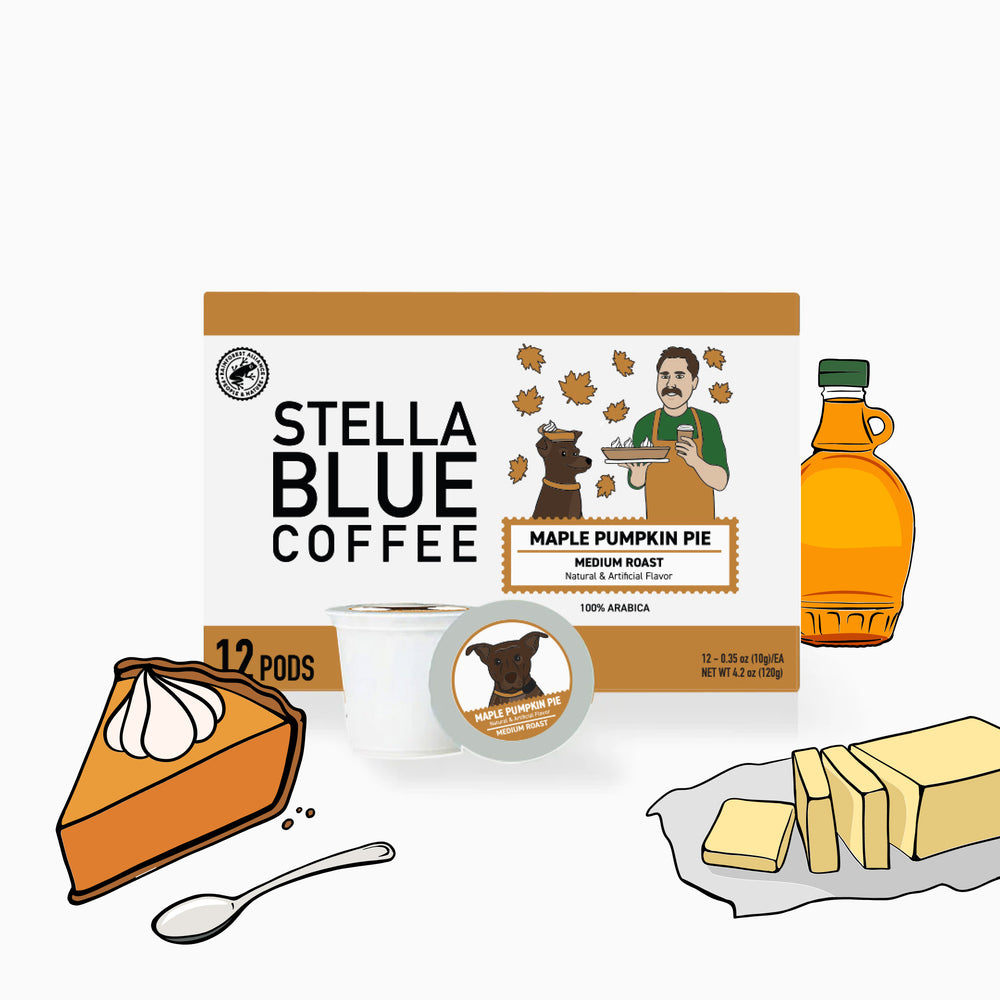 Stella Blue Coffee Maple Pumpkin Pie pods box with a slice of pie, butter, and maple syrup.