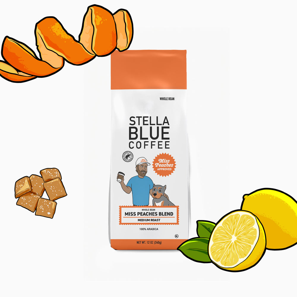 White and orange Stella Blue Coffee bag, "Miss Peaches Blend," with orange peels, caramels, and lemons.