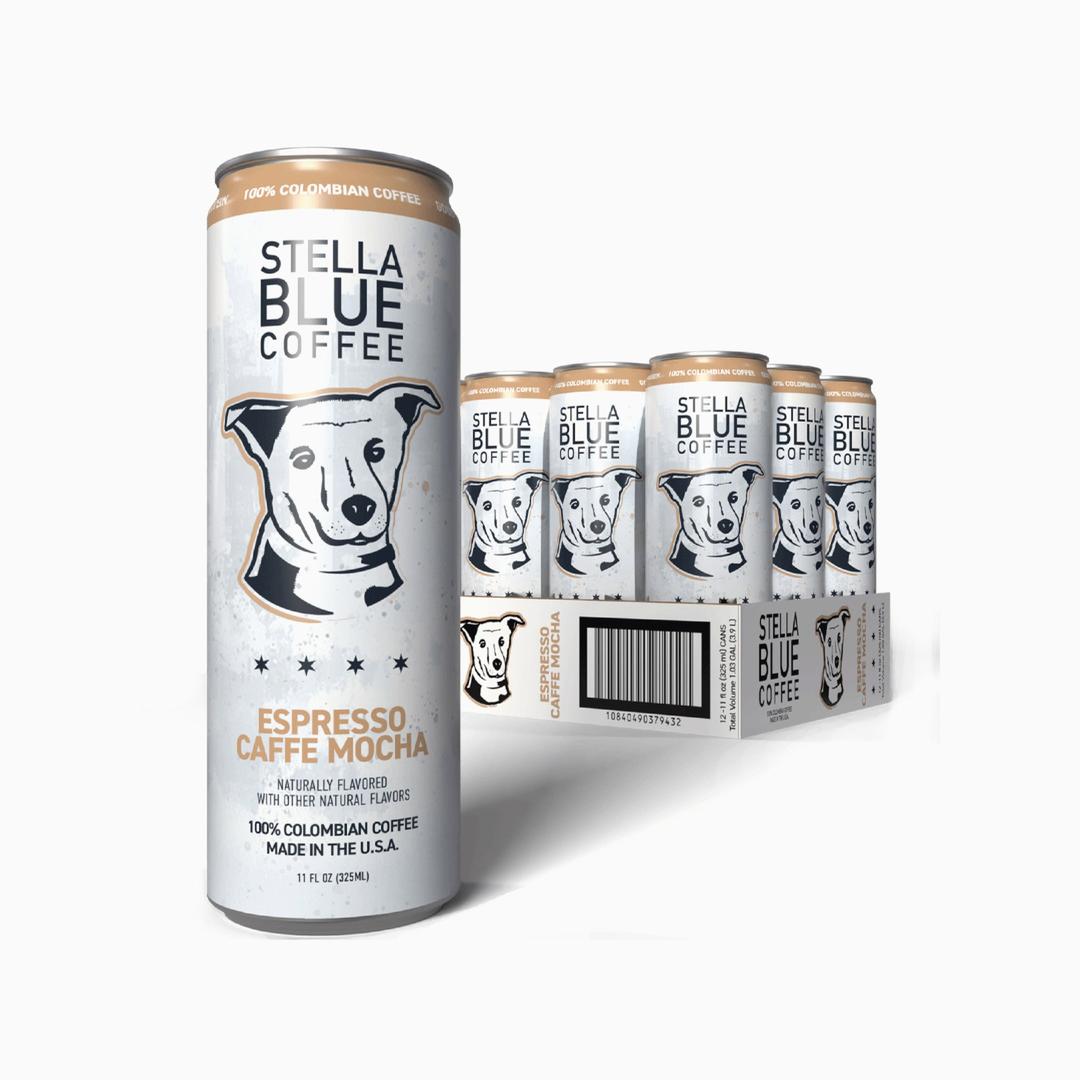 Stella Blue Coffee Espresso Caffe Mocha can with a display of six cans on a white background