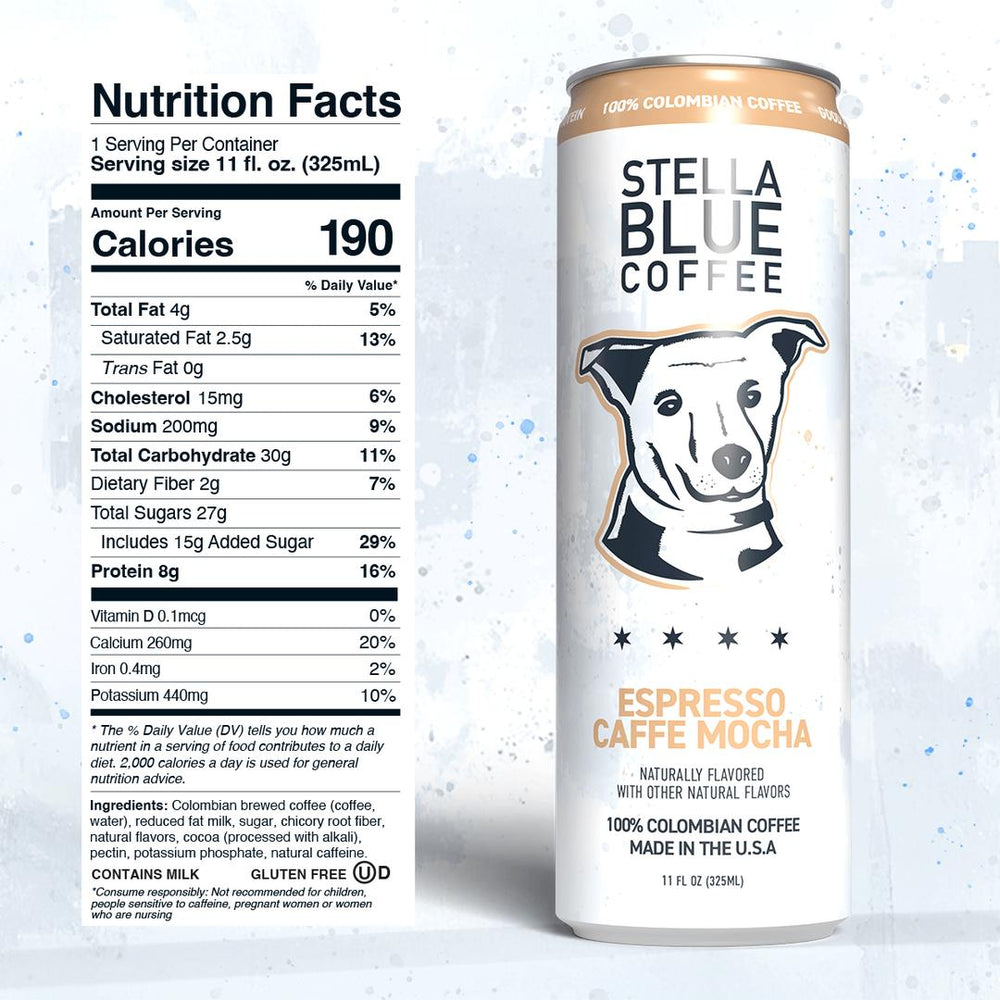 Stella Blue Coffee can with nutrition facts label on a white background