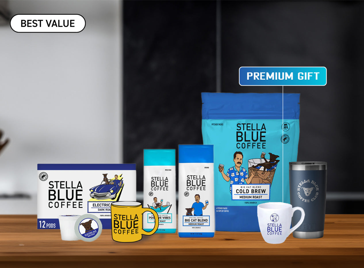 Coffee products, mug, and thermos that make up the premium coffee club subscription