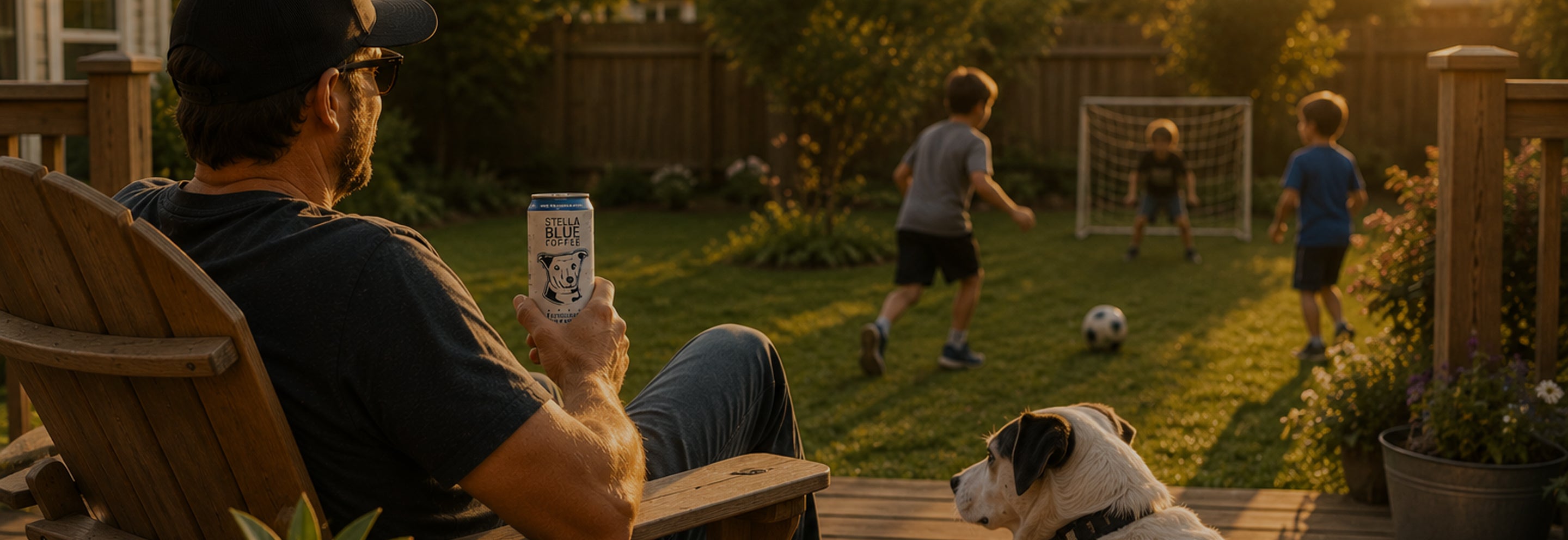 Man sitting on a wooden chair with a dog, holding a ready to drink can, while children play soccer in the background.