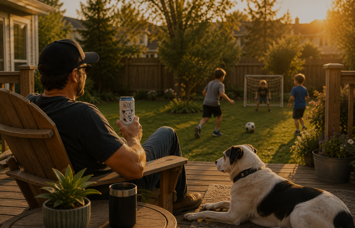 Man sitting on a wooden chair with a ready to drink coffee, dog, and children playing soccer in the backyard at sunset.