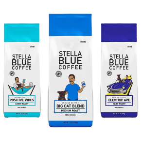 three packages of stella blue coffee